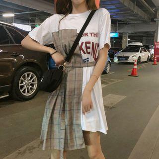 Plaid Panel Lettering Short-sleeve T-shirt Dress