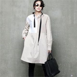 Tie Mandarin-collar Stripe Shirtdress