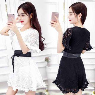 Short Sleeve Ruffle Tie-waist Lace Dress