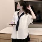 Tie-neck Elbow-sleeve Shirt With Neck Tie - White - One Size