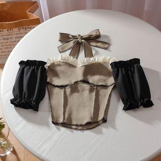 Short-sleeve Off-shoulder Halter Top Khaki & Black - One Size