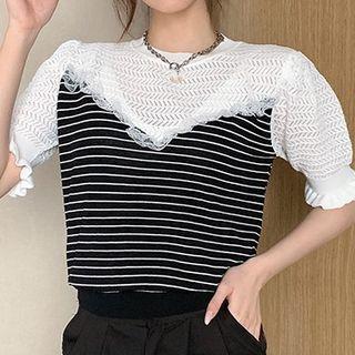 Puff-sleeve Lace Panel Mock Two Piece Top