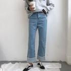 Color-block Tie-waist Straight Wide-leg Washed Jeans
