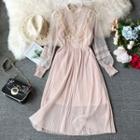 Set: Long-sleeve Midi Mesh Pleated Dress + Spaghetti Strap Mini Dress