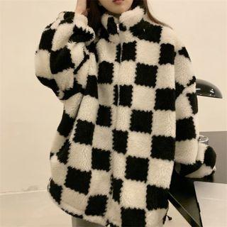 Checkered Furry Zipped Jacket