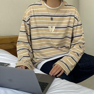 Long-sleeve Butterfly Printed Striped T-shirt