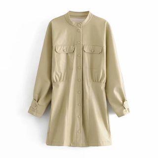 Puff-sleeve Faux Leather Sheath Dress