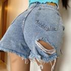 High-waist Washed Ripped Wide Leg Shorts