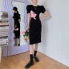 Puff-sleeve Flower Midi Sheath Dress