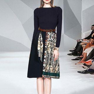Printed Accordion Pleat A-line Knit Dress