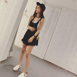 Fringed Denim Suspender Shorts