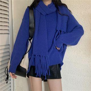 Set: Drop-shoulder Sweater + Fringed Scarf
