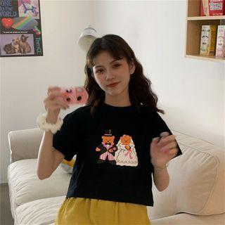 Short-sleeve Cartoon Print T-shirt Black - One Size