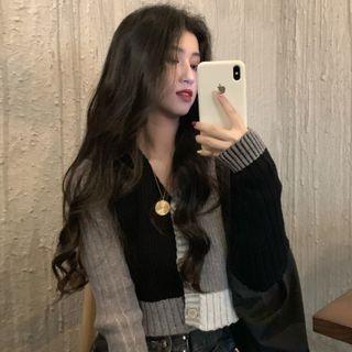Color Panel V-neck Knit Jacket Black & Grey - One Size