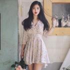 3/4-sleeve Gathered-waist Floral Print A-line Sheath V-neck Dress