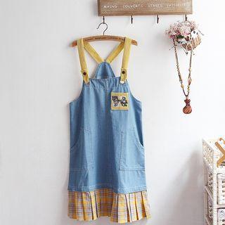 Plaid Panel Denim Jumper Dress As Shown In Figure - One Size