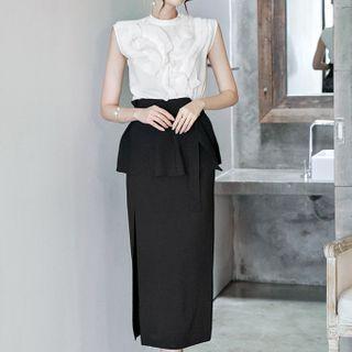 Set: Sleeveless Ruffled Blouse + Slit Midi Peplum Skirt