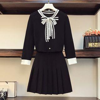 Lace Bow Sweater / A-line Knit Skirt / Set