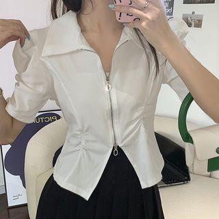 Puff-sleeve Sheath Zip Top
