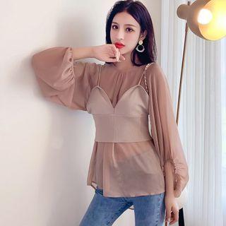 Set: Puff-sleeve Blouse + Spaghetti Strap Top