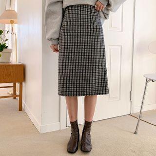 Band-waist Checked Midi Skirt Ivory - One Size