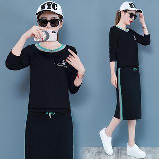 Set: Dog Applique Long-sleeve Top + Drawstring Skirt