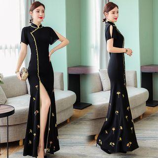 Traditional Chinese Elbow-sleeve Floral Maxi Dress