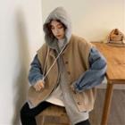 Buttoned Knit Vest / Denim Sleeve Zip Hoodie