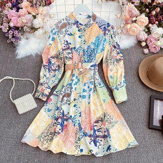 Ethnic Pattern Long-sleeve Shirtdress Yellow - One Size