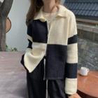 Two-tone Knit Zip-up Jacket Beige & Black - One Size