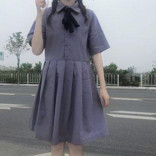 Elbow-sleeve Polo-neck A-line Dress Grayish Purple - One Size