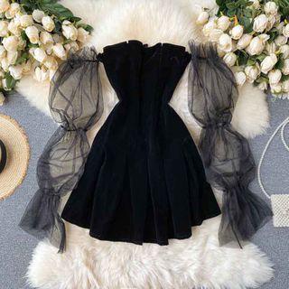 Mesh Puff-sleeve Ruffle Dress