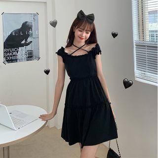 Crisscross Halter Cap-sleeve Mini A-line Dress