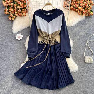 Color Block Drawstring Pleated A-line Dress
