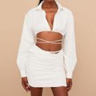 Set: Plain V-neck Long Sleeve Tie-back Cropped Shirt + Plain High-waist Cut-out Sheath Mini Skirt