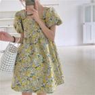 Square Neck Puff-sleeve Flower Print Dress