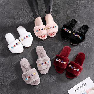 Rhinestone Furry Slide Sandals