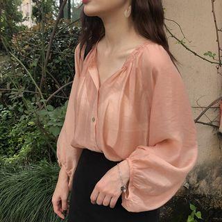 Long-sleeve Sheer Blouse / Spaghetti Strap Pinafore Dress