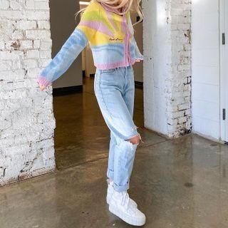 Printed Long Sleeve Cropped Sweater