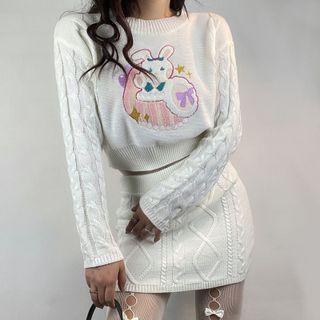Set Of 2 - Cartoon Embroidered Crop Knit Top + Knit Skirt