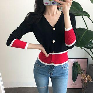 V-neck Color Panel Buttoned Cardigan