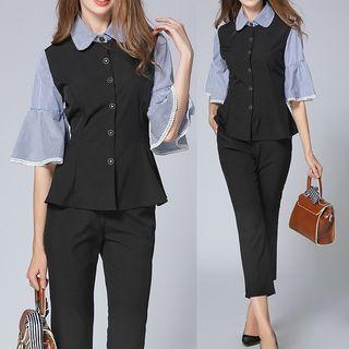 Set: Stripe Panel Bell-sleeve Shirt + Cropped Pants