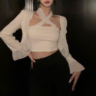 Set: Frill Trim Cropped Jacket + Halter Camisole Top