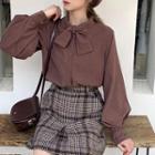 Bow Accent Blouse / Plaid A-line Skirt