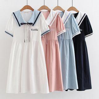 Short-sleeve Collar Letter Embroidered A-line Dress