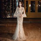 Bell Sleeve V-neck Mesh Panel Sequined Mermaid Evening Gown
