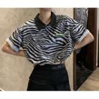 Short-sleeve Zebra Print Cropped Polo Shirt Black & White - One Size