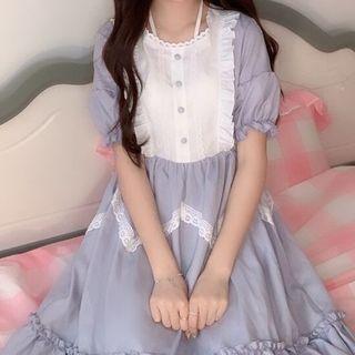 Short-sleeve Color Block Frill Trim A-line Chiffon Dress