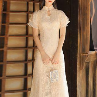 Short-sleeve Keyhole Lace Midi Qipao Dress