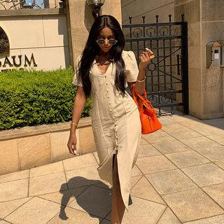 V-neck Puff-sleeve Shirtdress